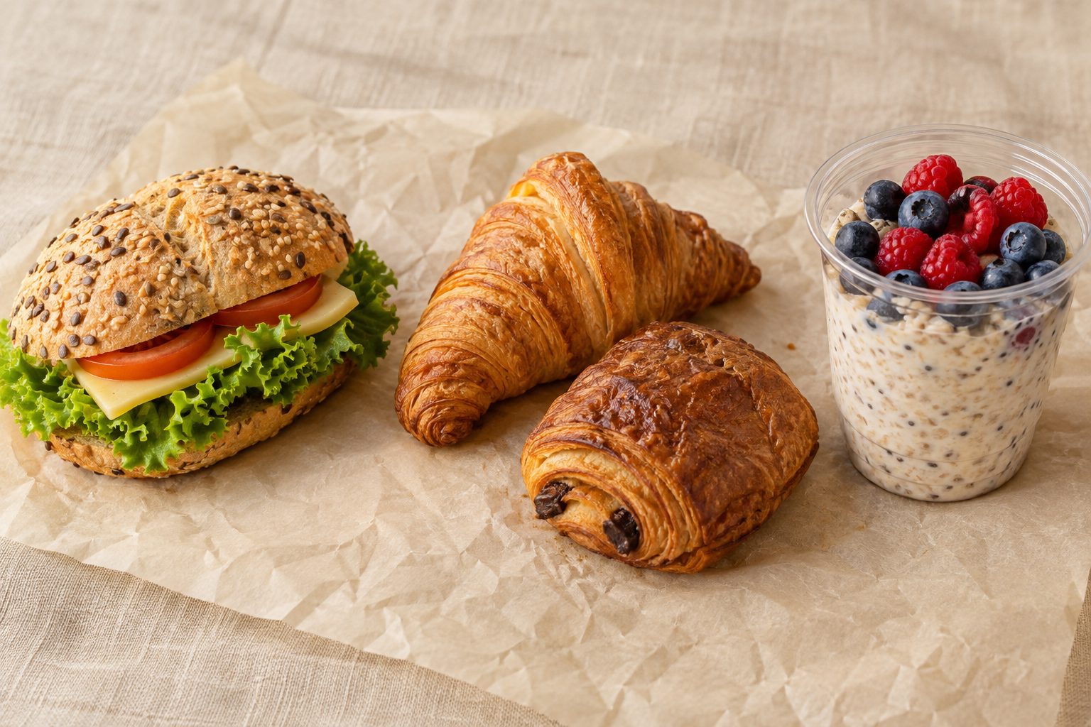 Belegtes Körnerbrötchen, Croissant, Schokogebäck und Overnight Oats mit Beeren auf heller Unterlage